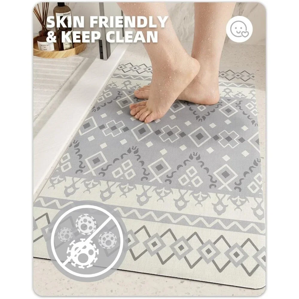 Boho Thin Bath Mat with Super Absorbent Layer Non-Slip Backing Quick Dry